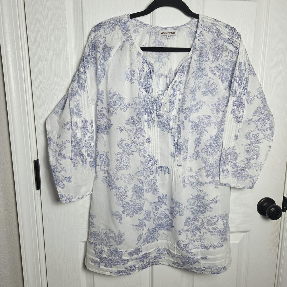 Jodhpur Shirt Womens Medium Blue Floral Popover Tunic Toile Cotton Boho